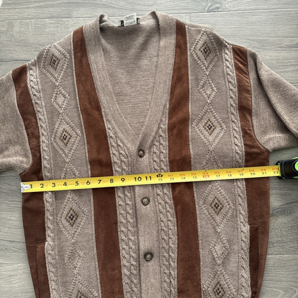 VTG Norm Thompson Mens L Cosby Leather Wool Cable Knit Cardigan Sweater Italy - Picture 12 of 16